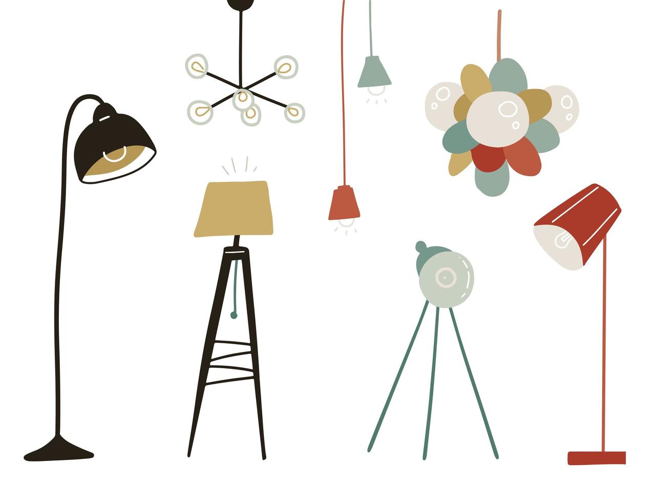 Set of lighting lamp illustration. hand drawn floor lamp, pendant. Scandinavian interior design elements. Flat vector hand drawn illustration.