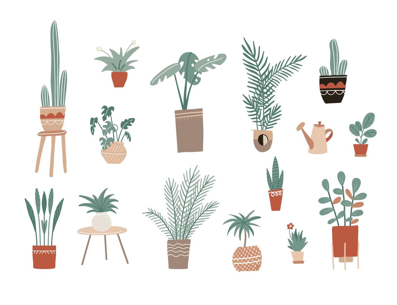 Big set with hand drawn house plant, flowers in pot, green foliage plant and romantic watering can. Template for web, card, poster, sticker, banner, invitation, wedding. Vector hand drawn illustration
