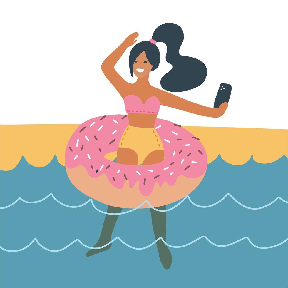 Tanned girl making selfie in sea on rubber ring in the form of a donut. Tropical travel concept. Flat vector illustration.