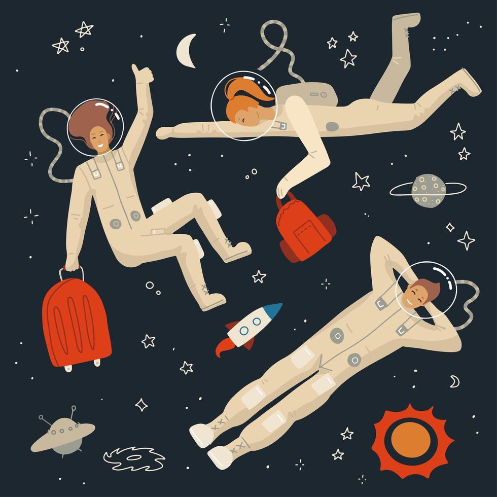 turismo espacial concentrado. grupo de astronautas vestidos con casco y traje en un espacio abierto. cosmonautas femeninas flotando en el universo rodeadas de un planeta y estrellas. ilustración dibujada a mano plana vectorial. vector