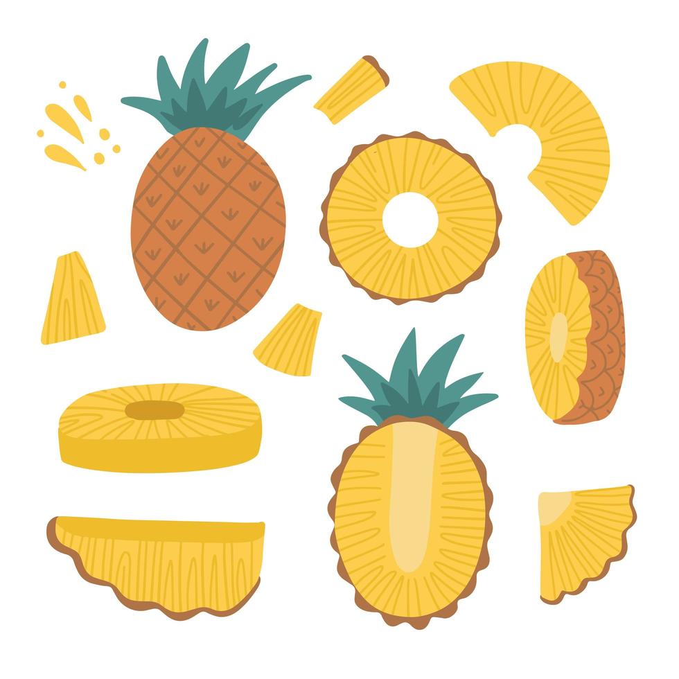 Big Pineapples set - Whole pineapple, ananas and parts, leaves, slices, core, juice drops. Collection of fruit images. Flat design graphic elements. Vector illustration isolated on white background