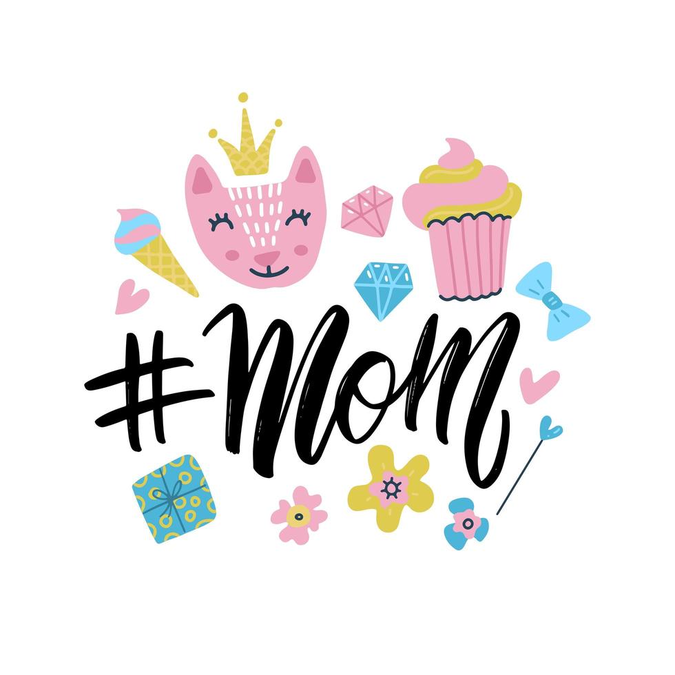 hashtag Mom vector calligraphic inscription with cute doodle hand drawn children things illustration isolated on white background. Minimalistic hand lettering illustration on Happy Mother s Day.