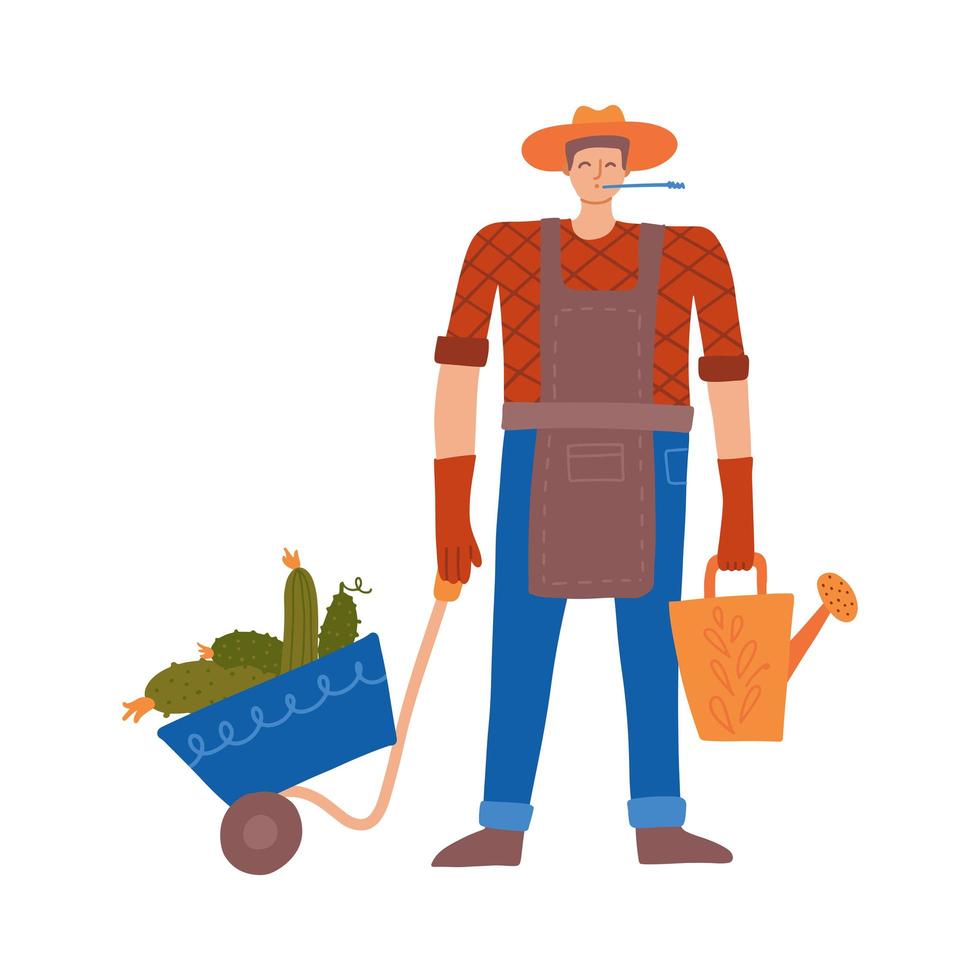 Happy young gardener man with a wheelbarrow and watering can on a white background. Vector illustration in a trendy flat style.