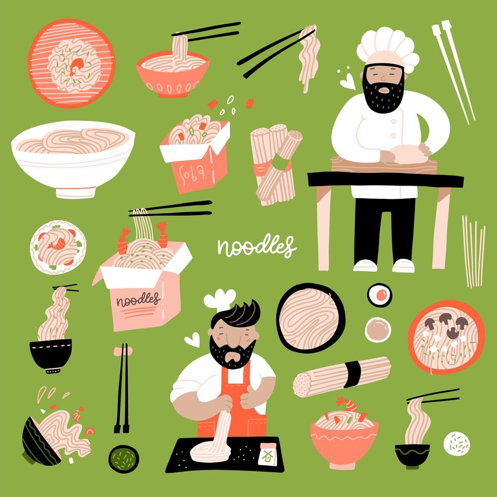 Ramen doodle set. Various hand-drawn bowl of Chinese egg noodles. Asian food with cook chief. Vector flat illustration isolated on a green background.