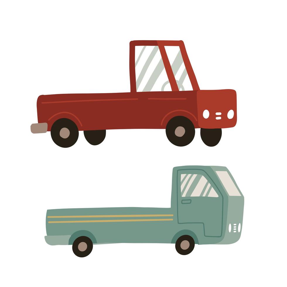 Pickup truck set. Two icons of pickup isolated on white background. Cargo truck for delivery service. Shipping transportation concept. Vintage retro pickup car in flat vector cartoon style.