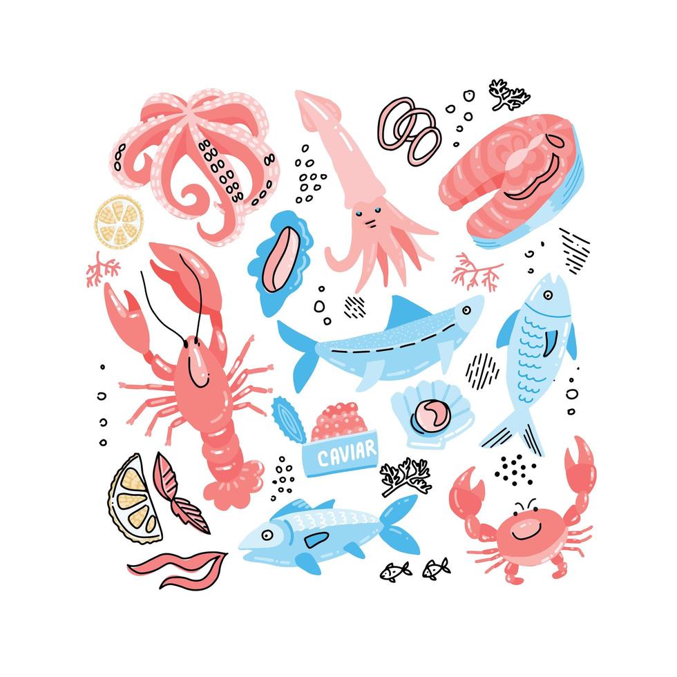 SeaFood Hand Drawn simple color Doodle with Fish, Crab, lobster, caviar, salmon steak and squid. Vector illustration. Set of Marine inhabitants in rough childish style on white background