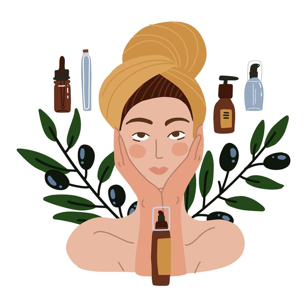 Beautiful girl with towel on her head. Olive oil natural cosmetics. DIY concept Young woman with many organic cosmetics tubes. Vector flay Illustration