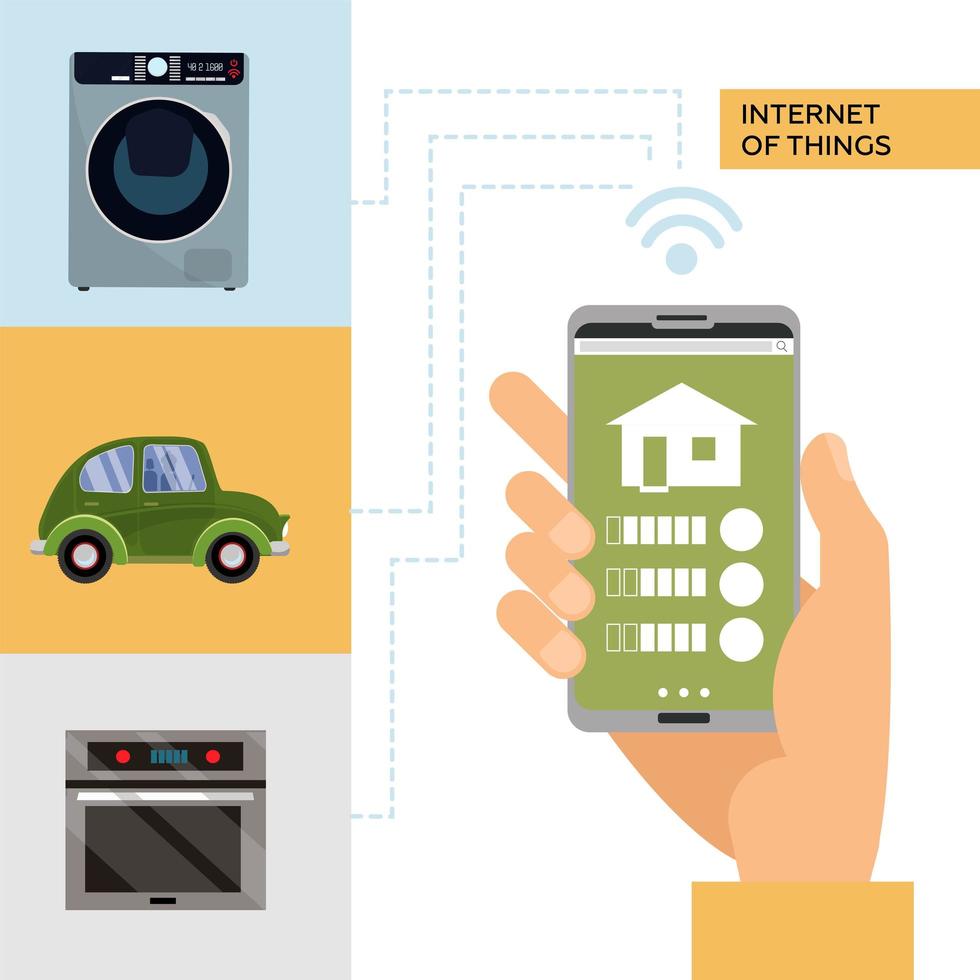 concepto de hogar inteligente e internet de las cosas. hombre que sostiene el teléfono inteligente en la mano y controla dispositivos domésticos inteligentes como lavadora, automóvil, estufa. ilustración vectorial plana aislada vector