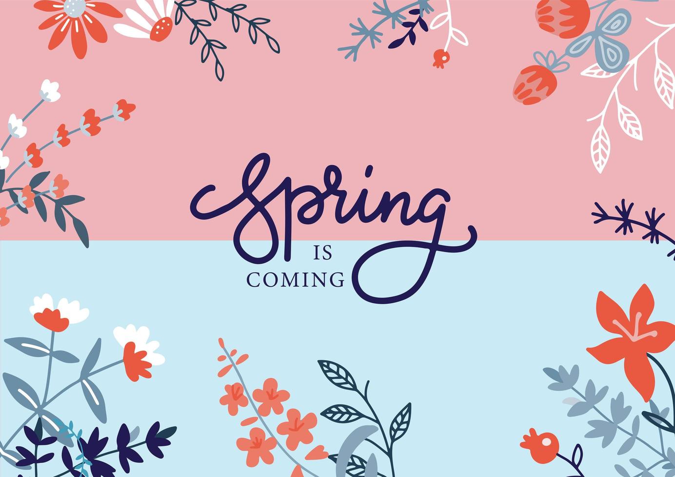 Floral hand drawn poster template with text space and lettering. Spring is coming holidays flat greeting card layout Blooming flowers and leaves banner in flat style. Birthday, vector postcard