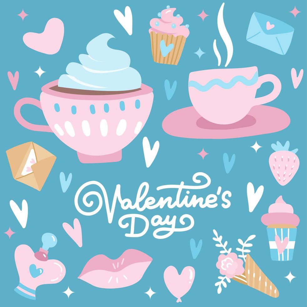 día de san valentín con elementos de amor, corazón, superposiciones, caligrafía de línea, tazas de café y etc. plantilla para kit de pegatinas, saludo, felicitaciones, invitaciones, planificadores. ilustración vectorial vector