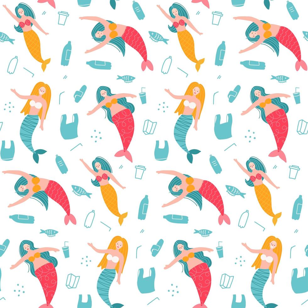 Vector Seamless pattern with mermaid characters in water with plastic objects. Stop ocean pollution concept. Waste in water. Garbage underwater. Environmental Protection. Bottle, plastic cup and bag.