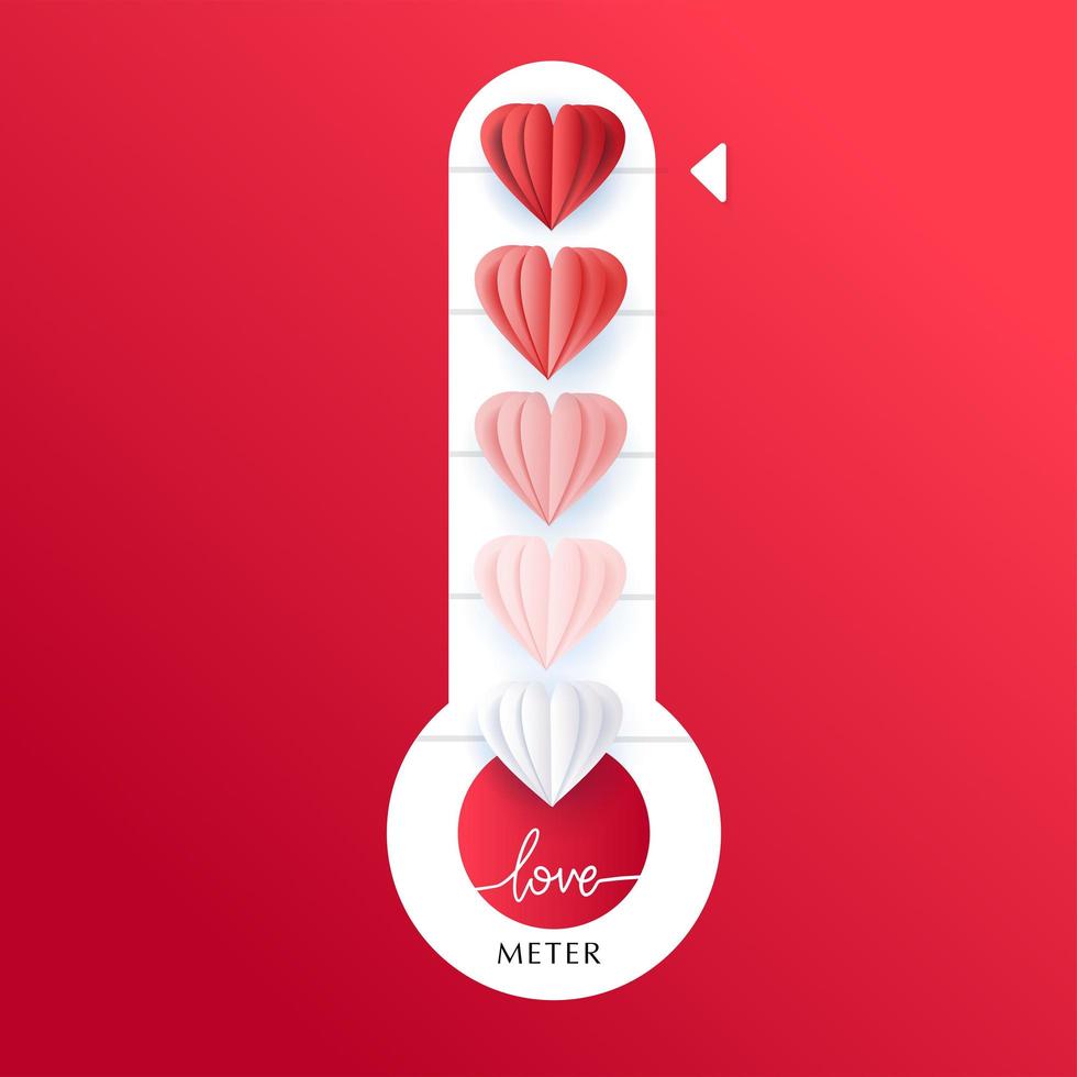 Vertical Love thermometer Valentines Day card element vector illustration with lettering. Paper cut heart balloons gradient