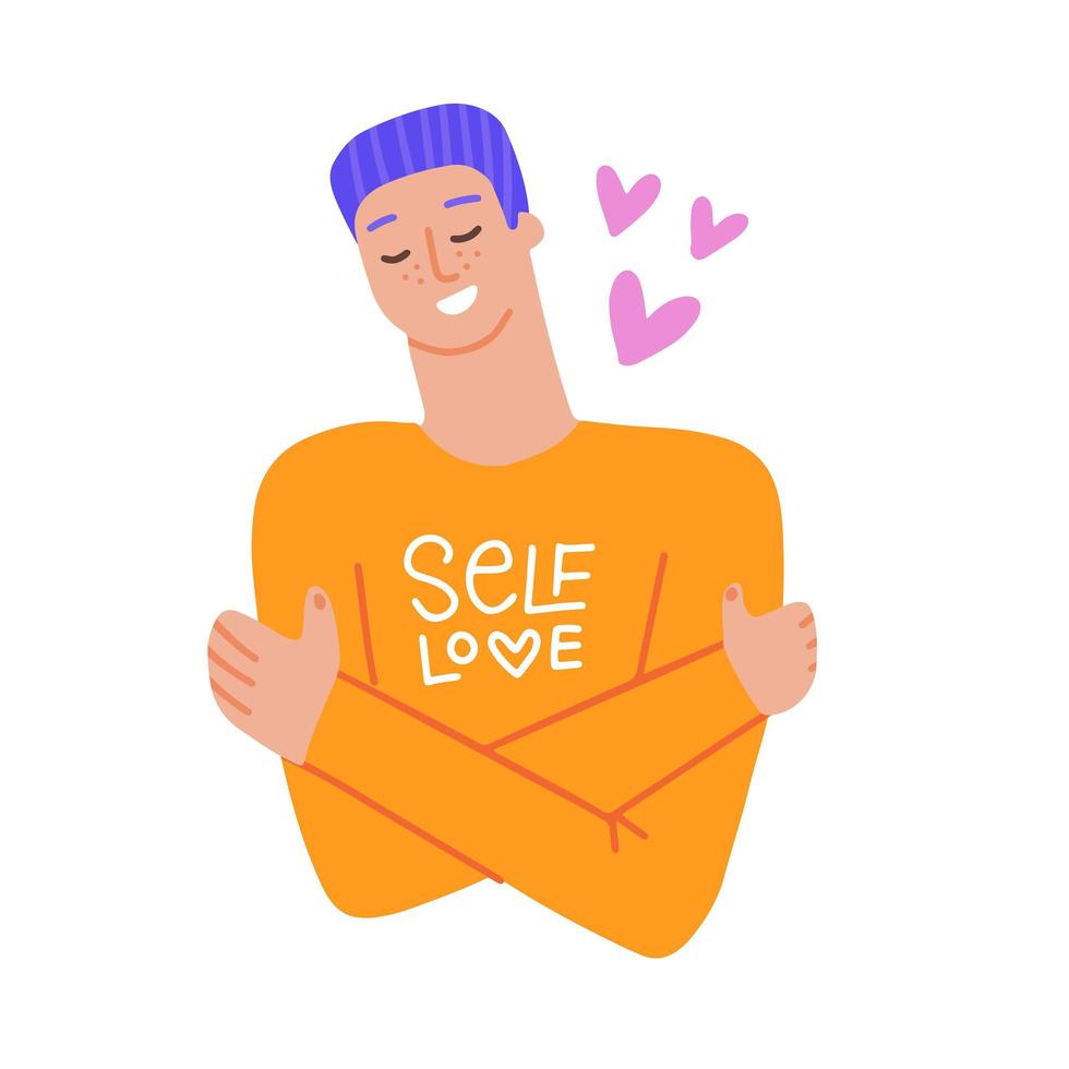 Self love concept - young man hugging himself. Flat hand drawn vector illustration