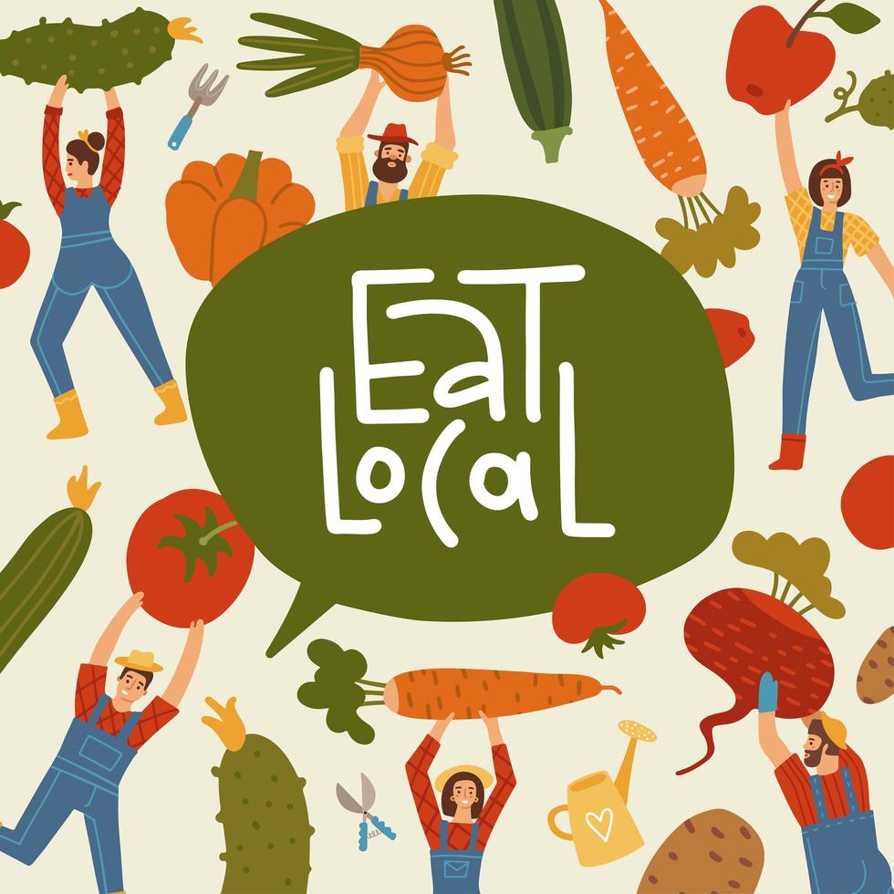 cartel de la tienda del mercado de la granja de verduras. gente pequeña cosechando vegetales gigantes. alimentos frescos orgánicos naturales. comer concepto local para mercado de comestibles, tienda en línea, entrega. ilustración vectorial plana vector