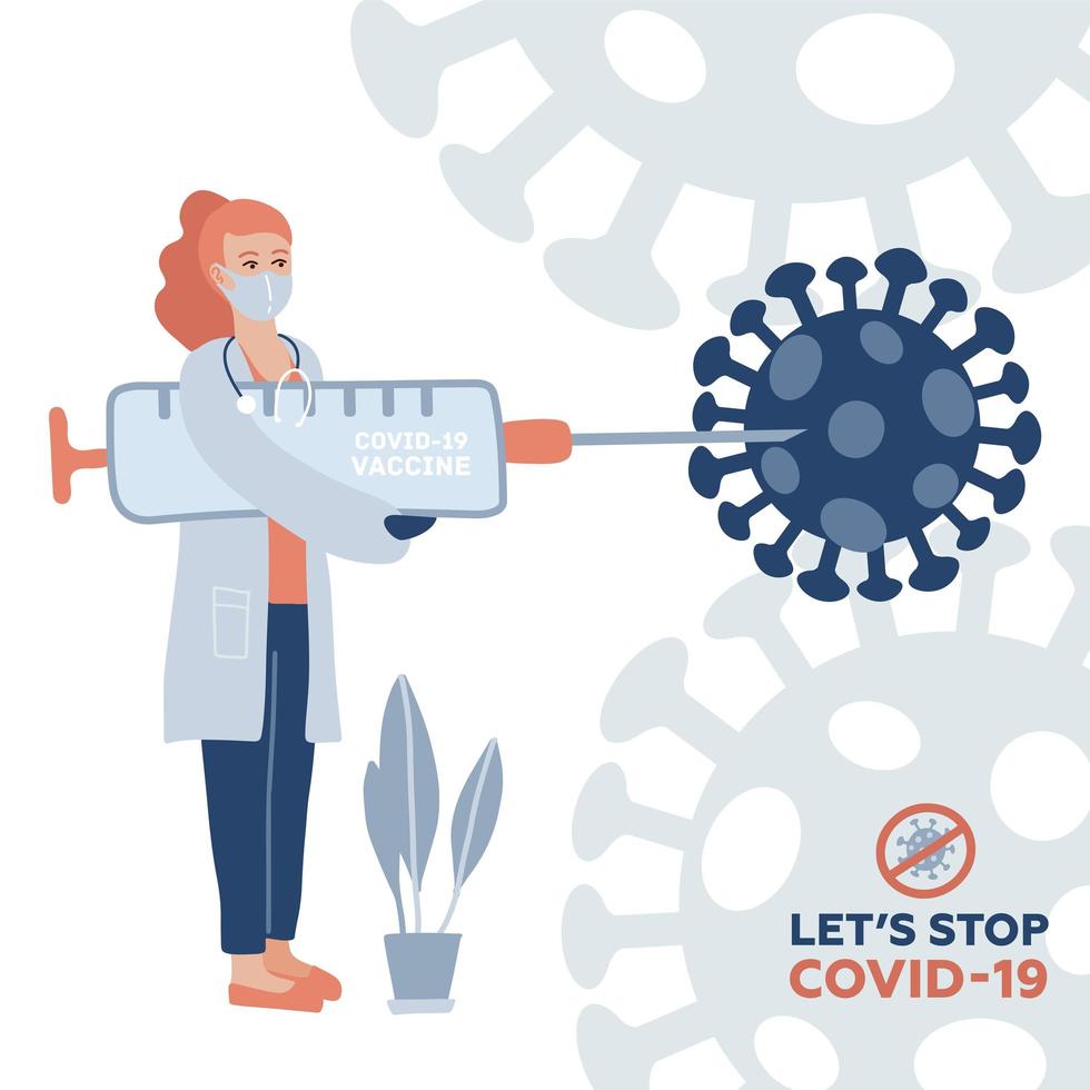 Doctor carrying big syringe with vaccine against coronavirus. Let's stop COVID-19 text. A shot into a huge virus. Defend from corona. Vector flat illustration