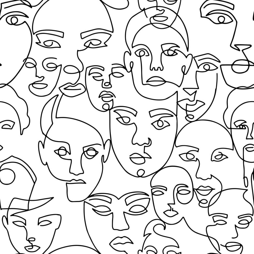 Line art seamless pattern with female portraits on a white background. One line style endless background. Suitable for prints on clothes and on textiles. Hand drawn minimalistic womans. vector