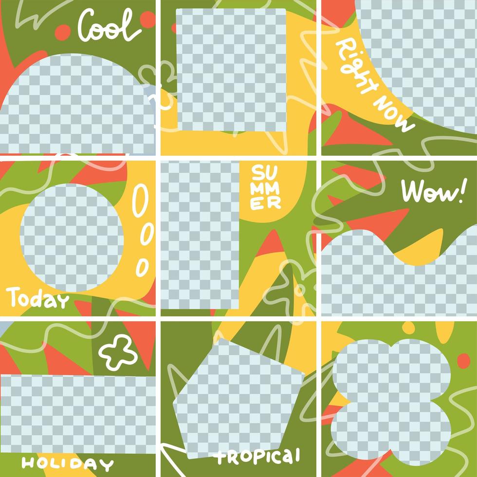 Summer templates for promo posts on social media networks. Colorful tropical banner set with tropical leaves in minimal doodle style. Flat hand drawn vector illustration of 9 isolated puzzle collage.