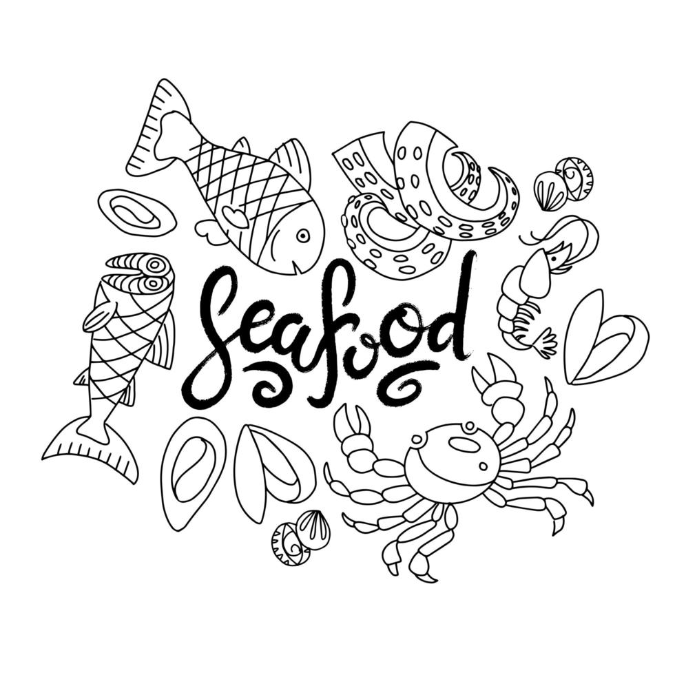 Set of doodles, hand drawn rough simple seafood theme sketches. Vector set isolated on white background. Seafood brush lettering. Kid illustration for web design, textile prints, covers, posters, menu