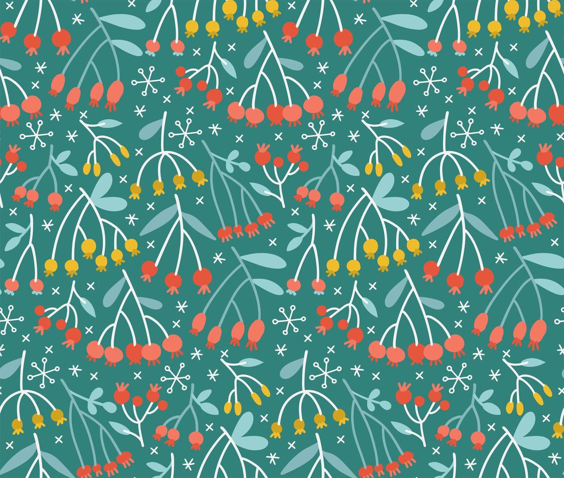 Seamless pattern with branches, leaves and berries on a dark green background. Simple scandi floral backdrop. Natural tapestry wallpaper. Flat hand drawn Vector texture for fabrics, DIY