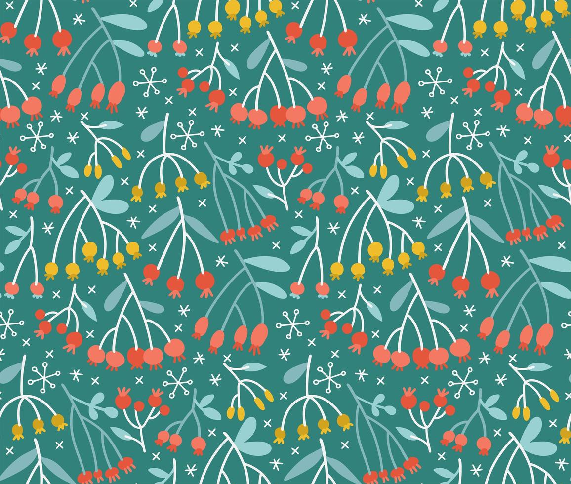 Seamless pattern with branches, leaves and berries on a dark green background. Simple scandi floral backdrop. Natural tapestry wallpaper. Flat hand drawn Vector texture for fabrics, DIY