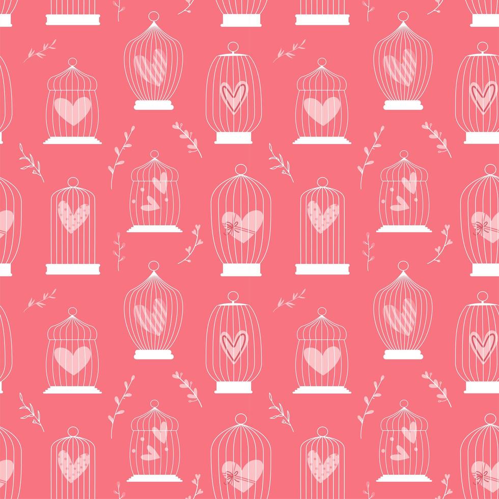 Concept retro seamless pattern with birds cage and hearts inside. monochrome vector illustration.