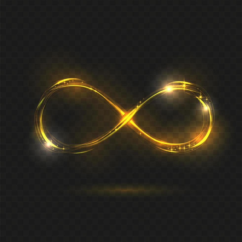 símbolo de infinito dorado brillante. signo transparente. ilustración vectorial amarillo neón brillo fuego chispa espiral línea ondulada vector