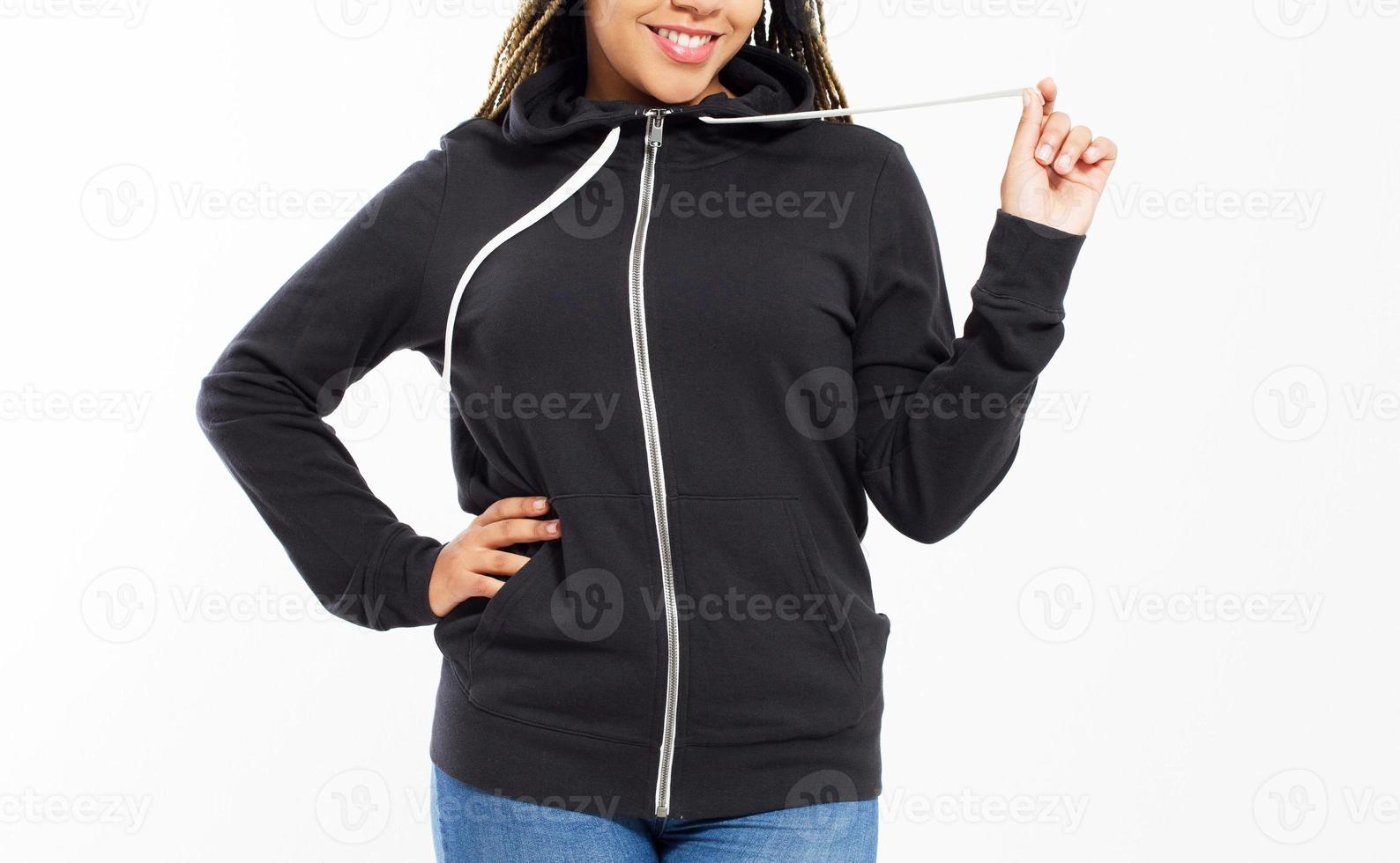 Happy Afro American Girl In Black Sweatshirt On White Background Isolated. Black Woman in hoodie mock up cropped image photo