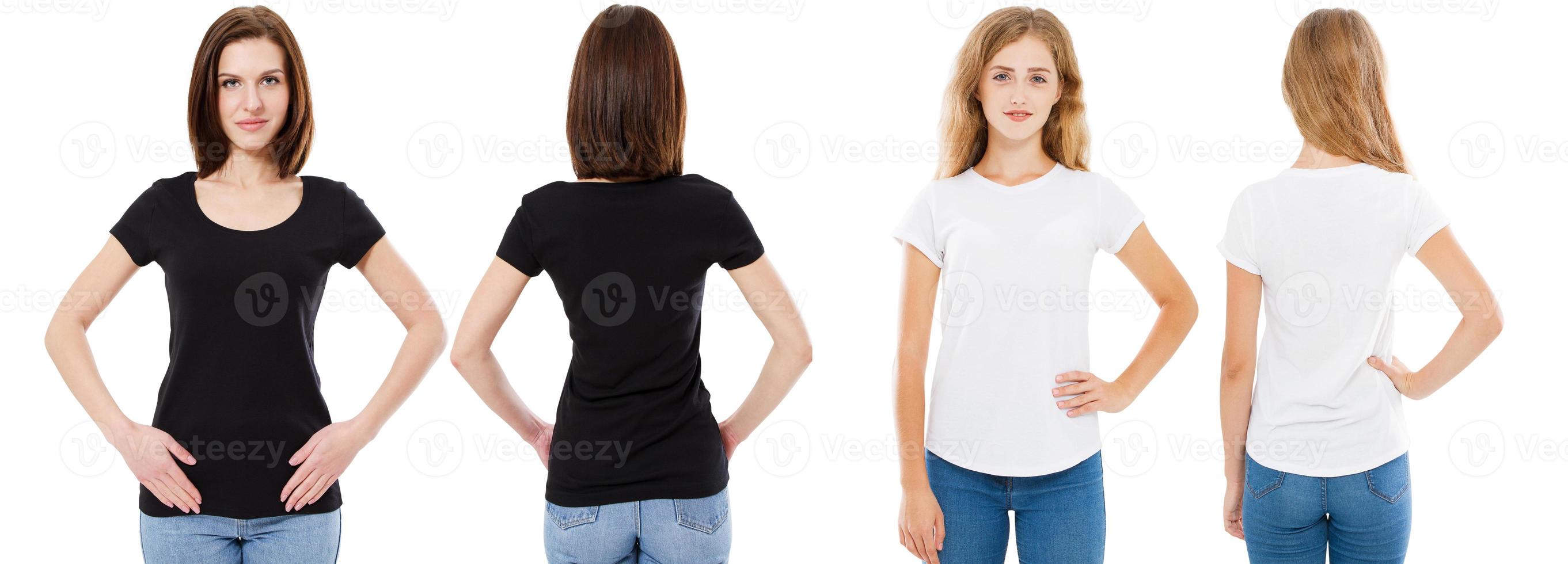 T-shirt set. Front and back view Brunette and Blonde in white and black t shirt isolated. Two girl in blank shirt, Mock up, Collage, Copy space, Template photo