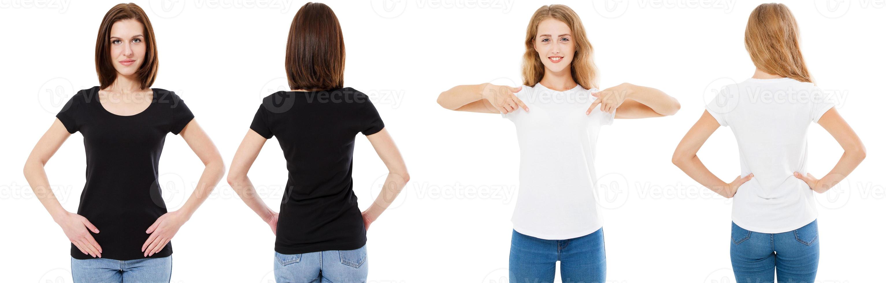 conjunto de camiseta. Vista frontal y posterior morena y rubia en camiseta blanca y negra aislada. dos niñas en camisa en blanco, maqueta, collage, espacio de copia, plantilla foto
