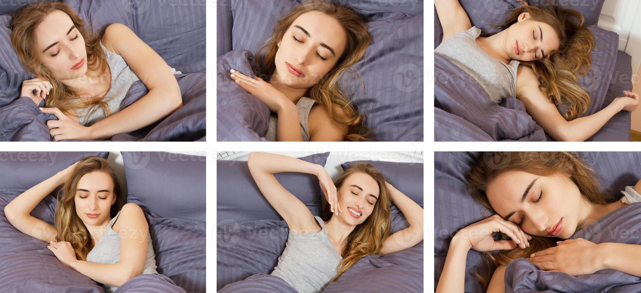 Beautiful girl sleeps in the bedroom - collage. Sleeping woman in bed close up billboard. Young beautiful woman sleeping. Portrait of the beautiful young woman sleeping in dark bed. Sleep collage photo