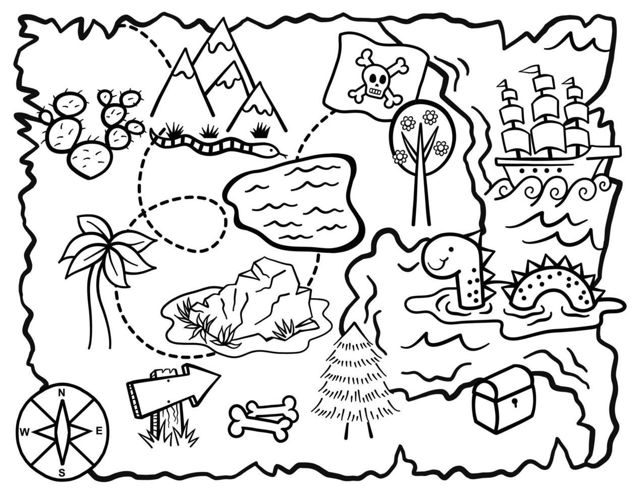 Kids Doodle Treasure Map Coloring Page vector