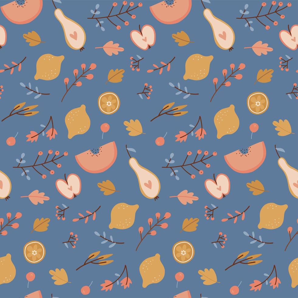 Autumn seamless pattern. Falling leaves, apples, pears, lemon. Fall Harvesting. Seasonal background for wallpaper, wrapping paper, textile, scrapbooking. Flat hygge vector design on blue background