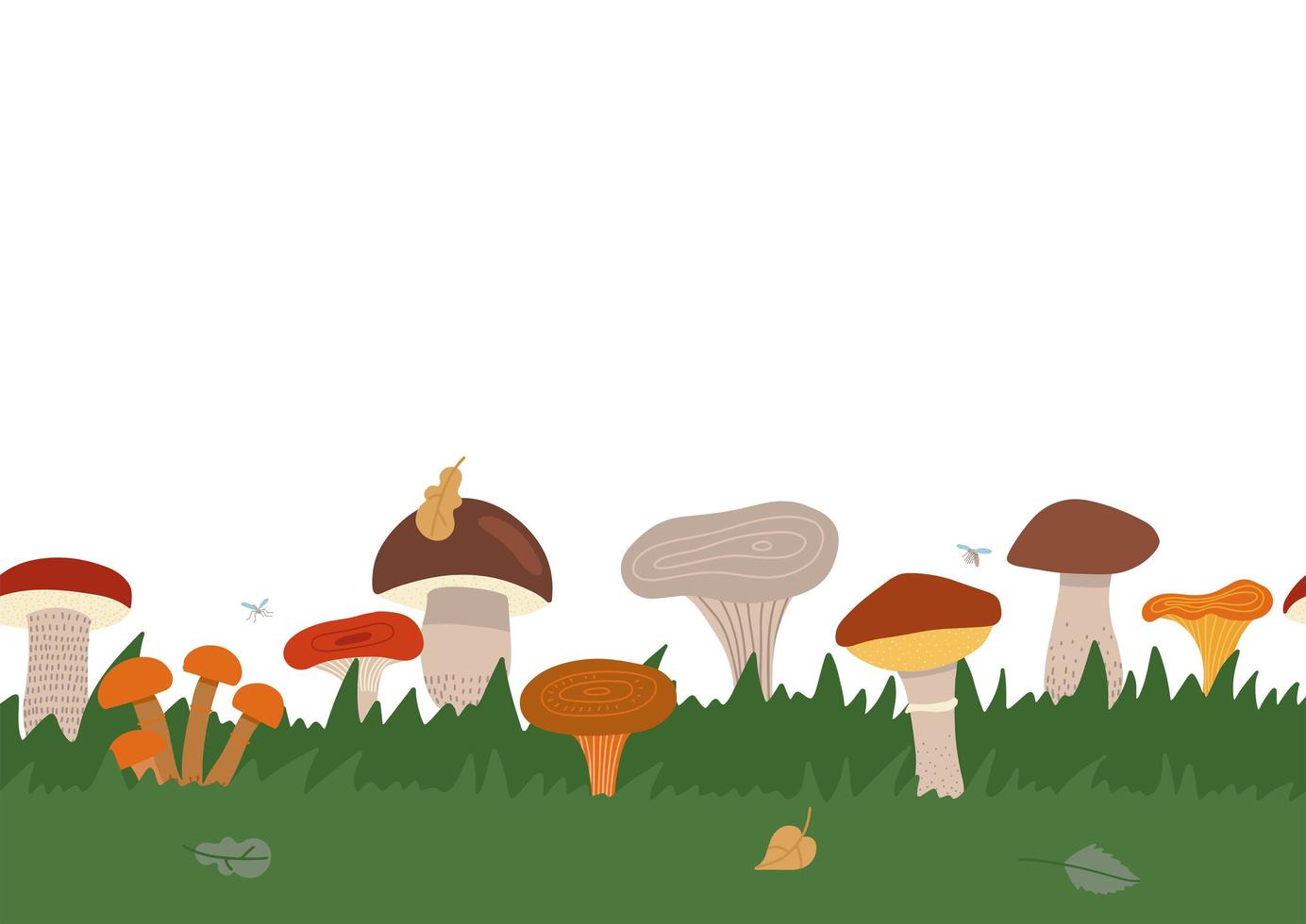 Autumn texture seamless border with green grass and different king of mushrooms. Mushroom mycelium into repeat invitations, decor, packaging, greeting cards, stationary. Flat vector illustration.