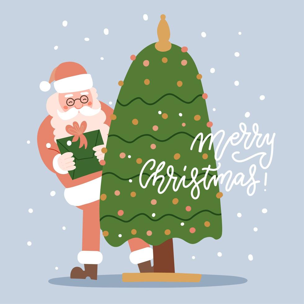 Christmas greeting card with Santa Claus peeking out from behind a decorated tree with gift box in his hands. Flat vector illustration with lettering text.