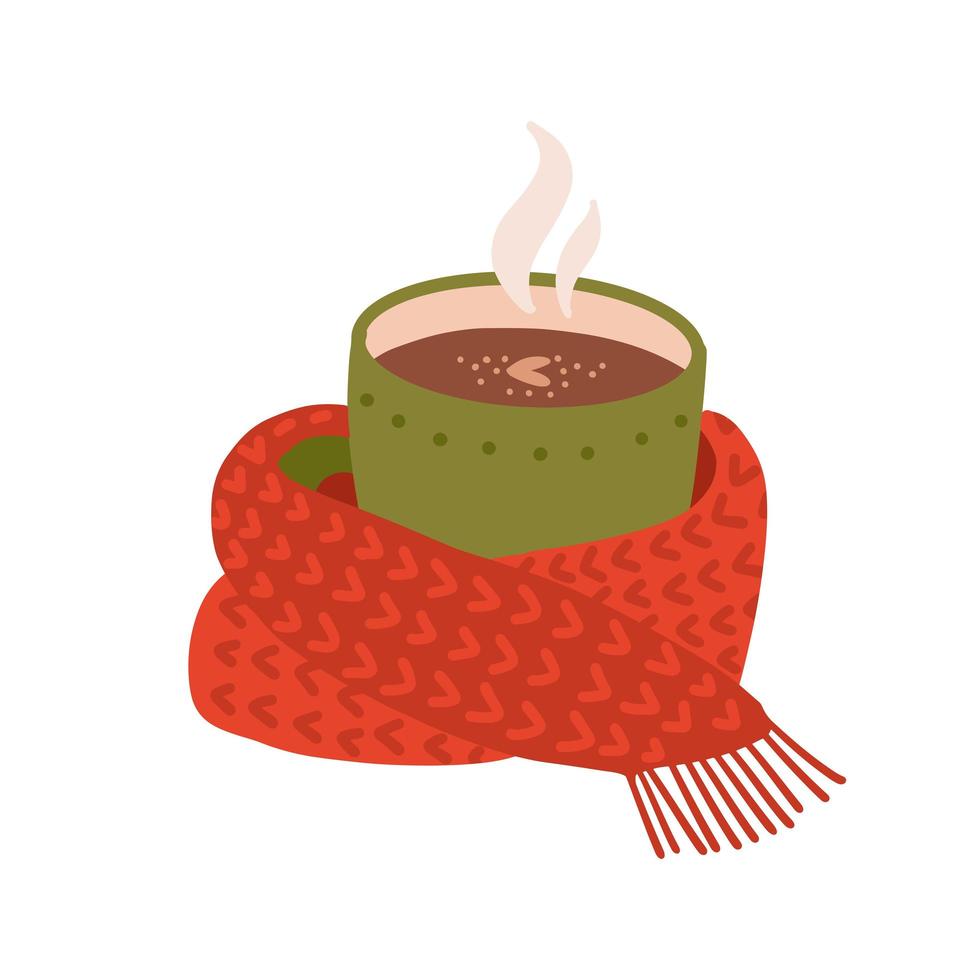 Hot coffee in green mug. Cup of sweet winter beverage swathed in red knitted scarf. Winter clipart for Christmas card. Vector flat hand drawn Illustration