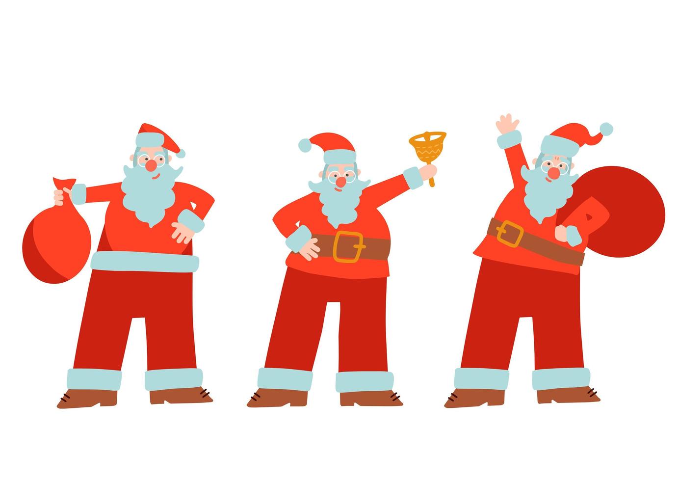 Christmas set of tree Santa Claus. Santa in different positions in flat vector cartoon style.