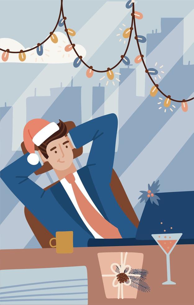 hombre de negocios en traje trabajando con computadora en la mesa en la oficina y celebrando feliz año nuevo y feliz navidad. concepto de negocios y vacaciones. Santa secreto. ilustración plana vectorial vector