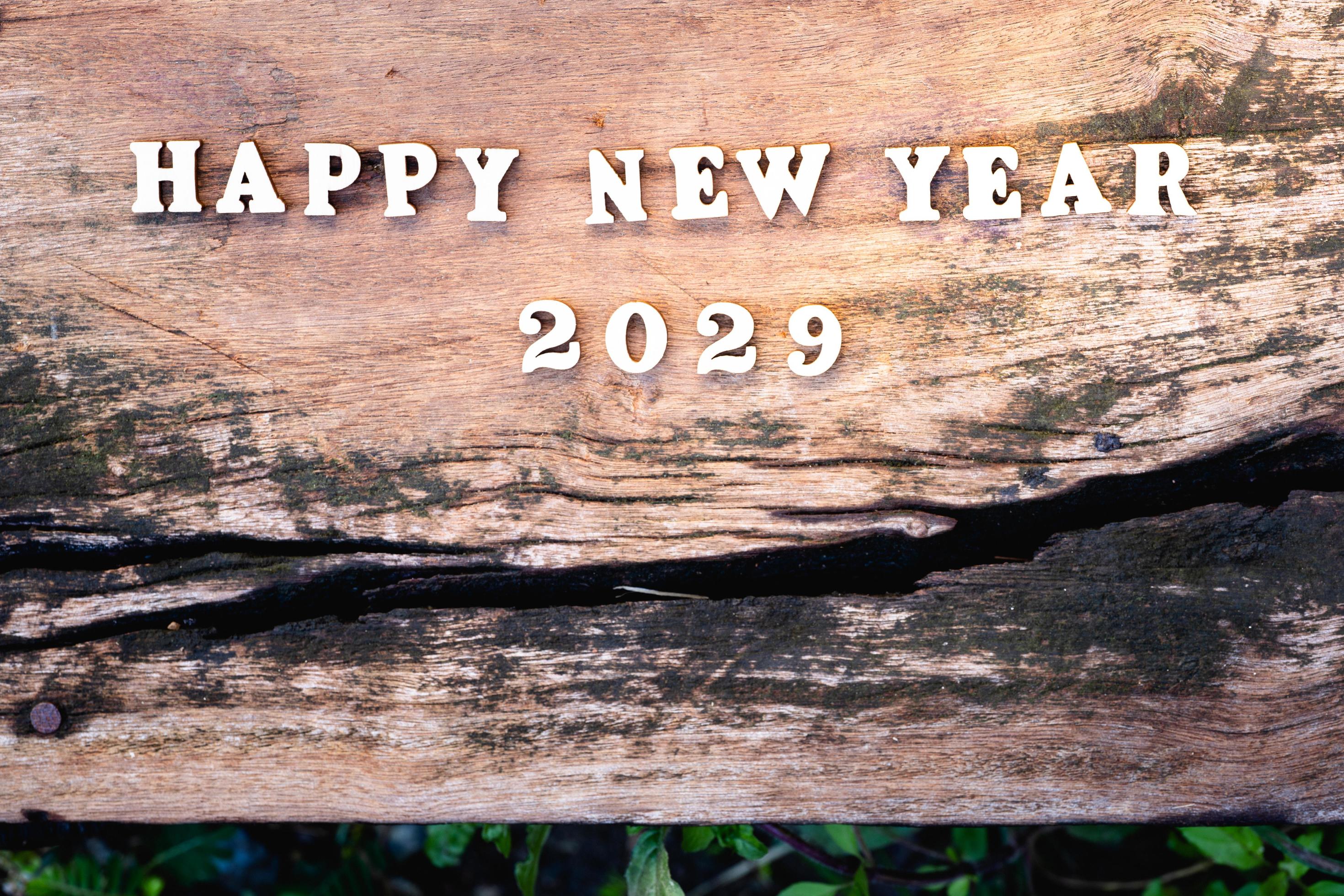 Happy New Year 2029 concept. Wood text on vintage plank wooden. Empty