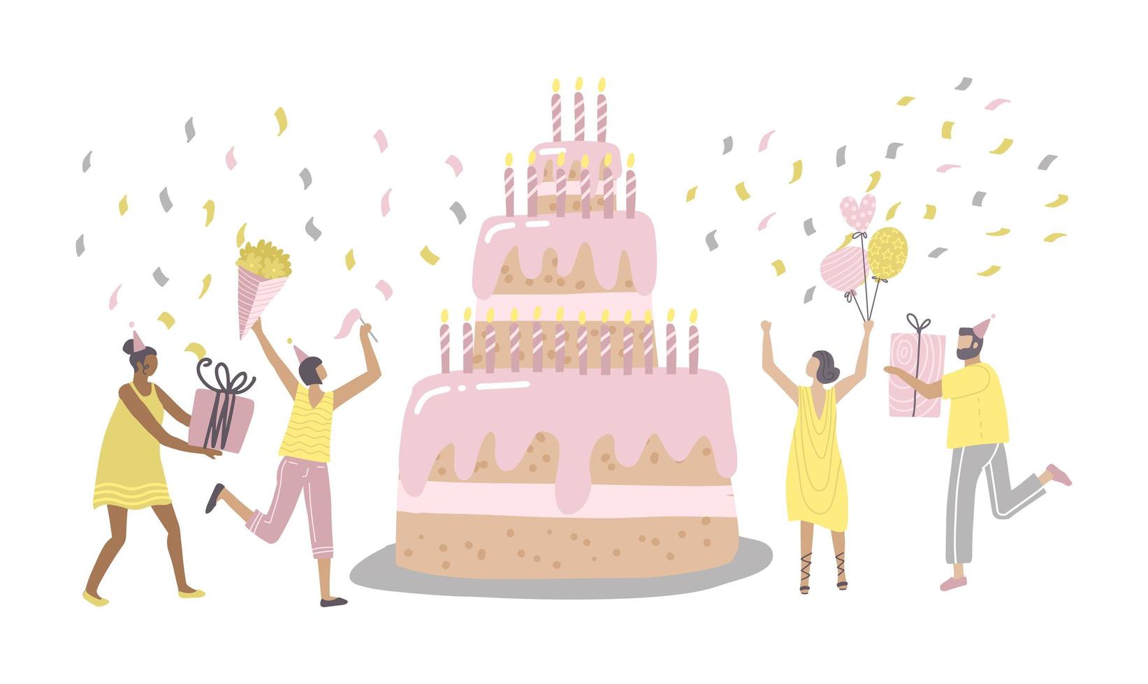 People Characters dancing near Birthday Cake and Celebrating. Woman and Man holding Gifts and Balloons. Friends Enjoying the Bday Party. Happy Birthday Concept. Flat hand darwn Vector Illustration.