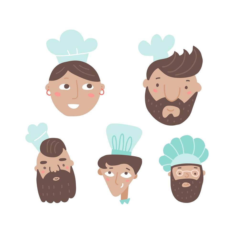 Set of chef cooks cartoon faces handdrawn in flat style. Male and female characters in a chef s hats of different shapes. Hand drawn vector illustration.