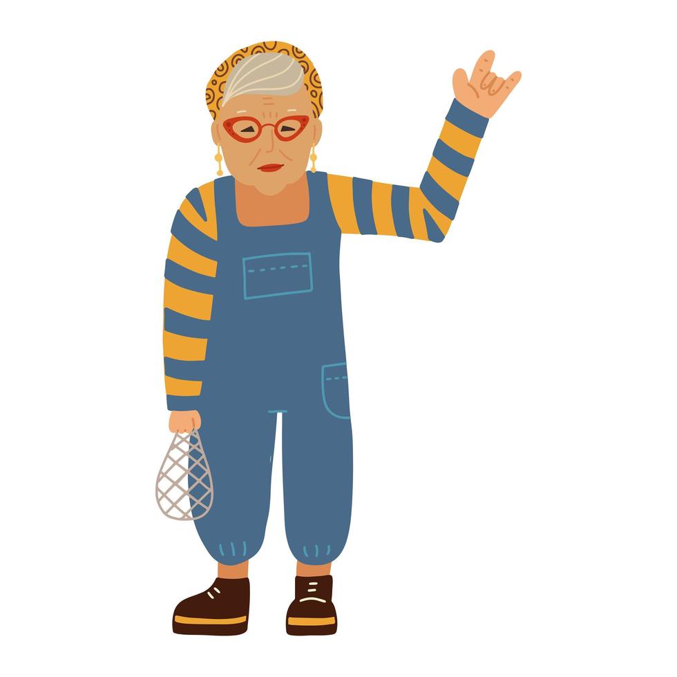 Senior Fashion Lady Holding Eco string bag. Elderly fashion icon receiving appreciation for her courage. Old woman with Heavy Metal Horns Hand. Flat vector illustration.