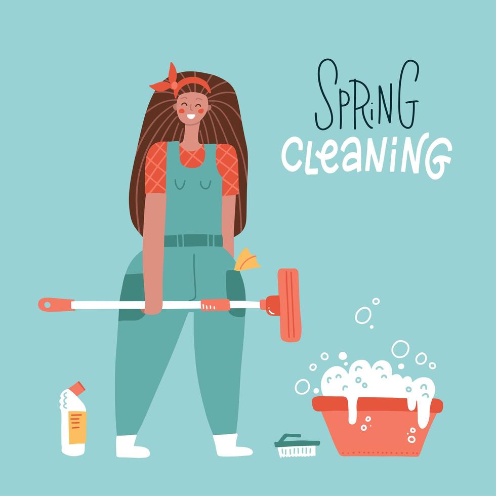 mujer joven con diferentes productos de limpieza lava el suelo. banner de limpieza de primavera con texto de letras. ilustración dibujada a mano plana. vector