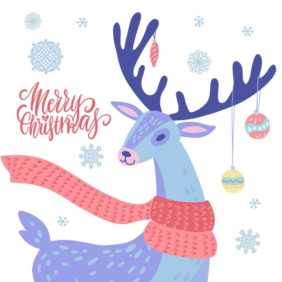 Xmas Fair or market poster, flyer or banner layout template with deer portrait. Reindeer With Christmas balls on antlers and snowflakes decorations. Vector illustration with lettering test.