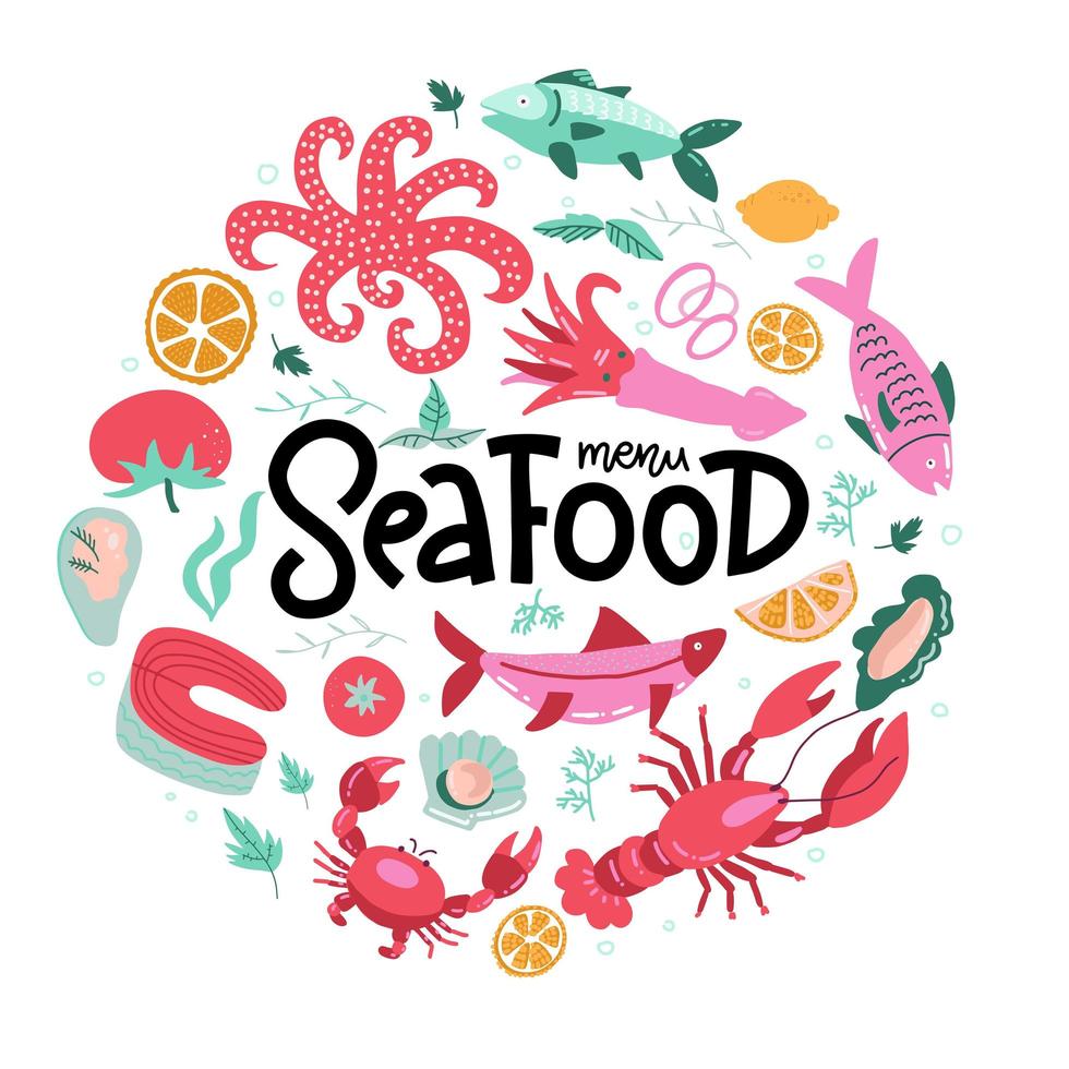 Round shape print with color fish and seafood icons with hand lettering. Food sign for menu and market. Illustration for print, web. Circle design element. vector