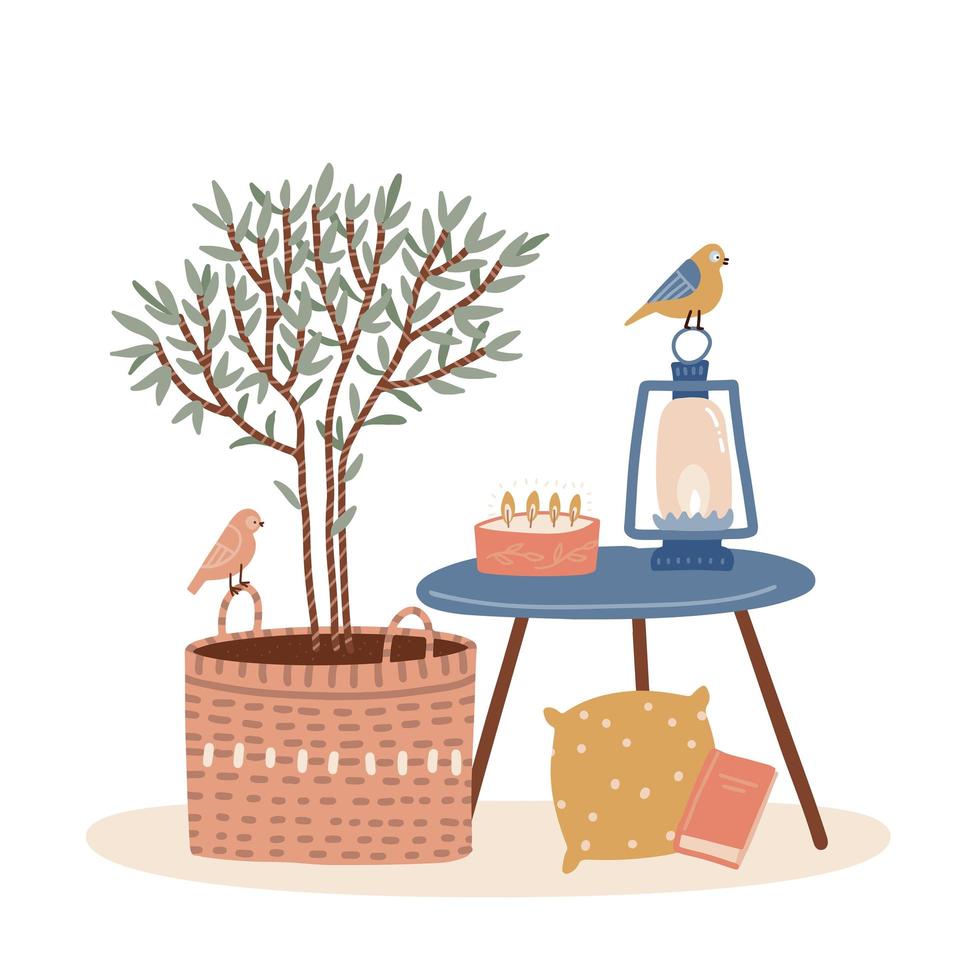 Cozy hygge style Scandinavian composition with round table, lantern, book, candle, birds, tree in pot isolated on white background stock vector illustration. Comfortable, warm summer evening mood.