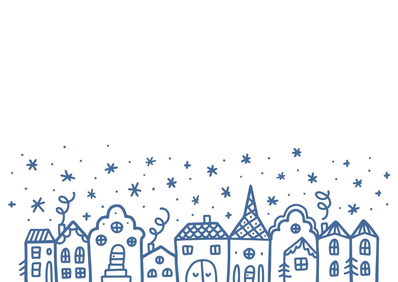 Old european house in line. Vector urban New Year border, hand drawn doodle liner sketch isolated on white. Buildings with snowflake. Holiday vintage winter postcard template