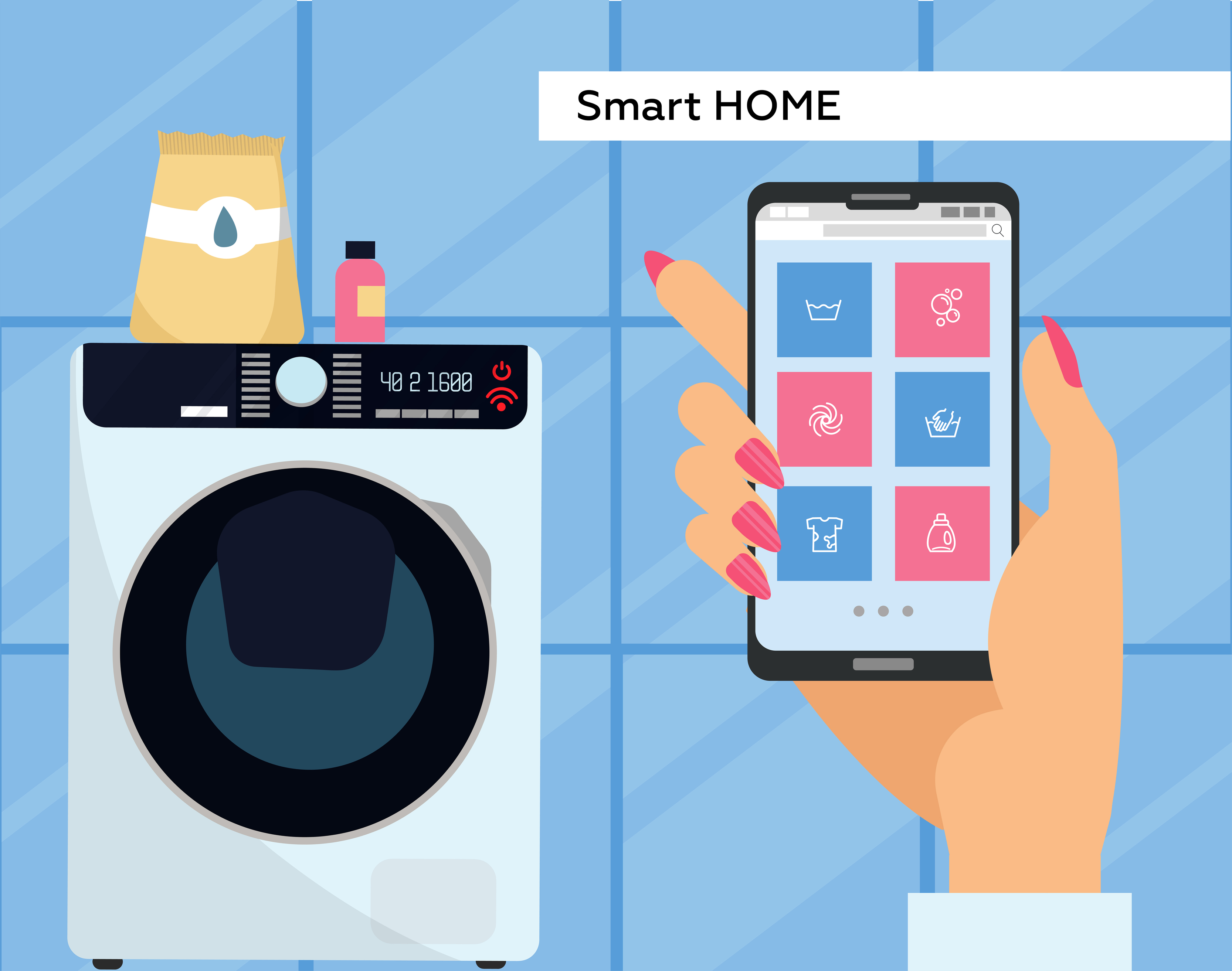 Washing machine controlled via smartphone with wifi. Smartphone remote