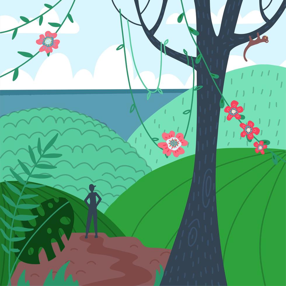 silueta de hombre, vista trasera en el punto de vista de la montaña tropical. caminante, explorador. hermoso paisaje en la cima de la montaña, vista al mar. fondo del paisaje de la naturaleza. ilustración plana vectorial vector