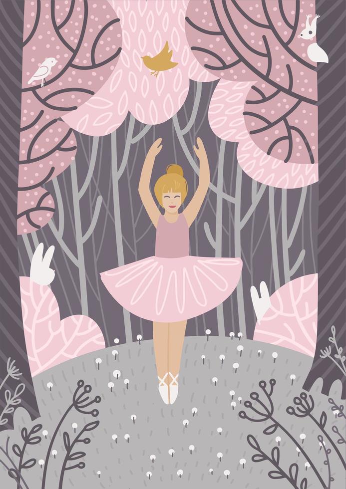 pequeña bailarina joven bailando en la naturaleza. niña feliz con tutú de ballet disfrutando de la libertad de la naturaleza en el bosque de primavera. libertad, verdadera felicidad y un gran concepto de vida. ilustración dibujada a mano plana vectorial. vector