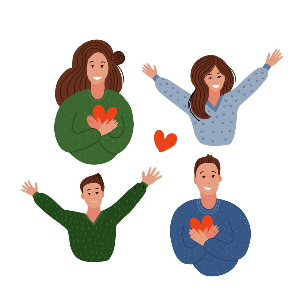 Happy family. Parents holding hearts and children jumping. Delight, joy, victory concept. Mom, dad, son and daughter . Concept of family, family values, support. flat vector illustration.